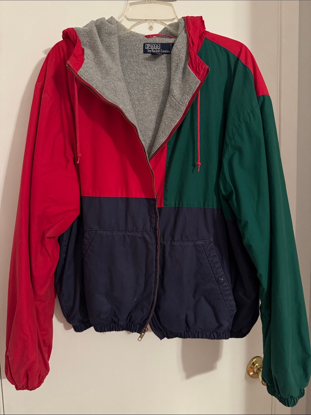 Polo by Ralph Lauren Red/Green/Navy Colorblock Hooded Fleece Lined Jacket Sz XL